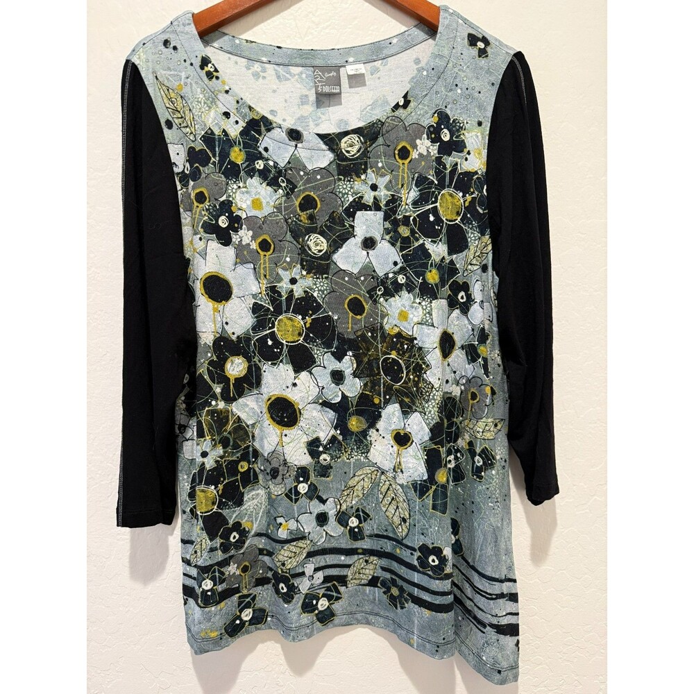 Simply Art by Dolcezza XL Beaded Stretch Tunic Top Floral Asymmetric Artsy Black
